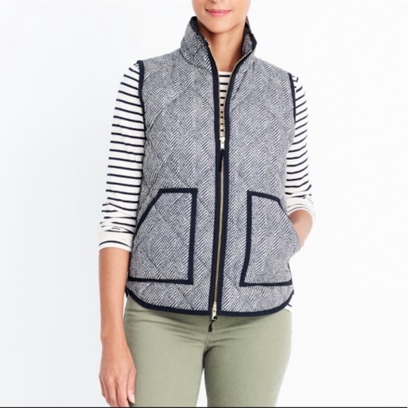 J. Crew Black and White Herringbone Quilted Down Puffer Vest - Picture 2 of 8